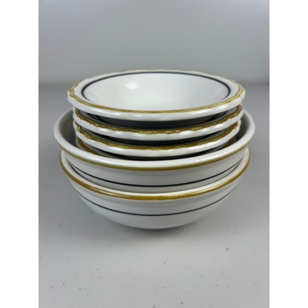 Homer Laughlin Restaurant Best China 6 Piece‎ Bowl Set Blue Gold Scalloped Rim